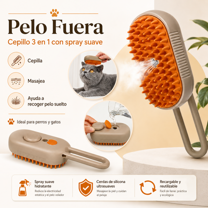 PeloFuera™ - Cepillo 3 en 1 con spray suave para perros y gatos