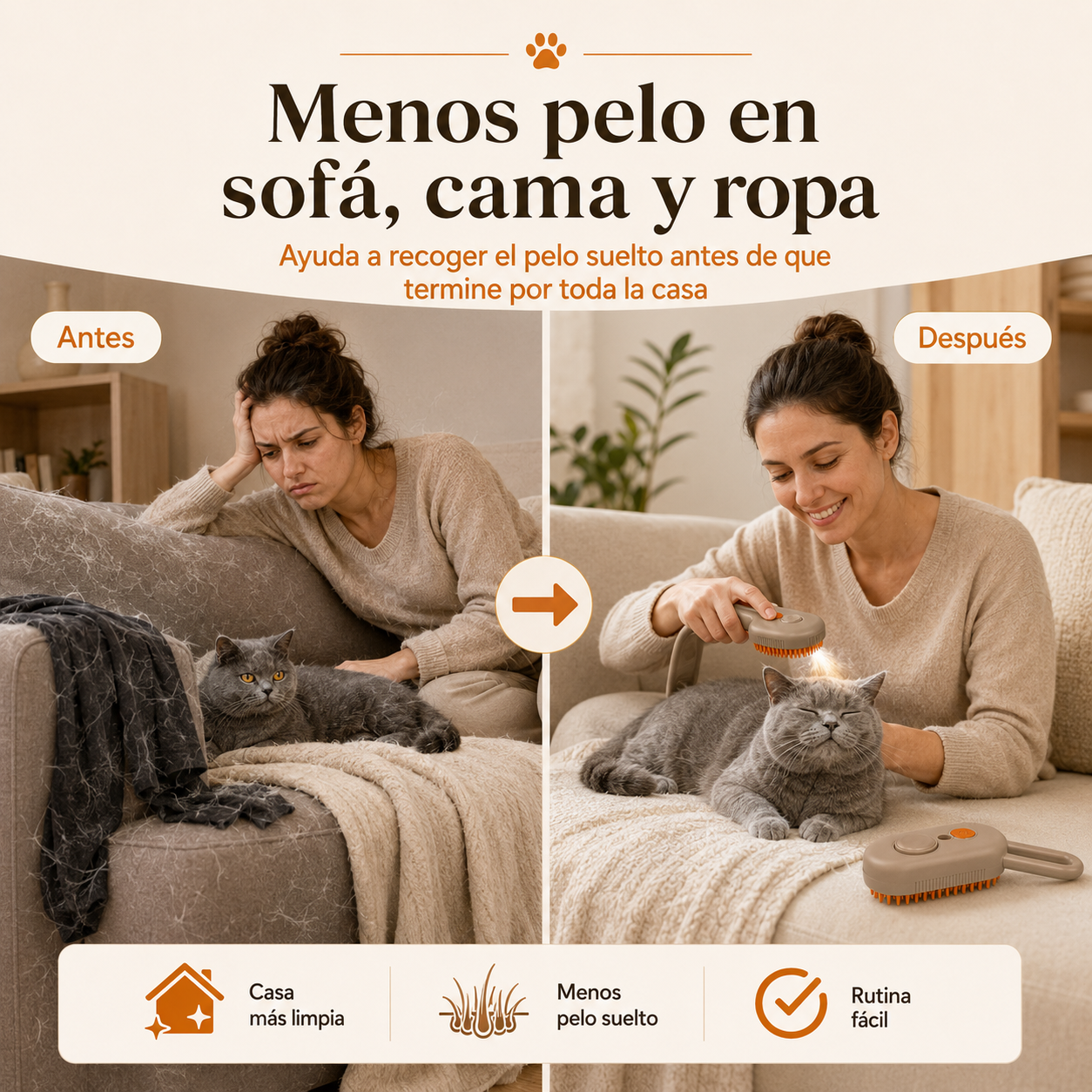 PeloFuera™ - Cepillo 3 en 1 con spray suave para perros y gatos