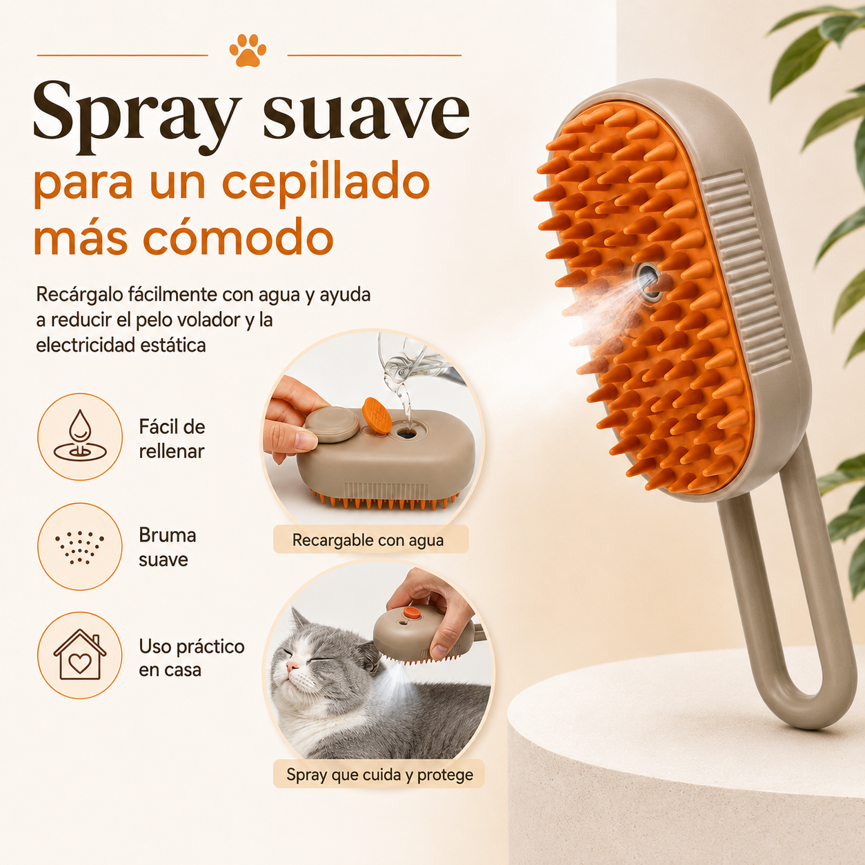 PeloFuera™ - Cepillo 3 en 1 con spray suave para perros y gatos