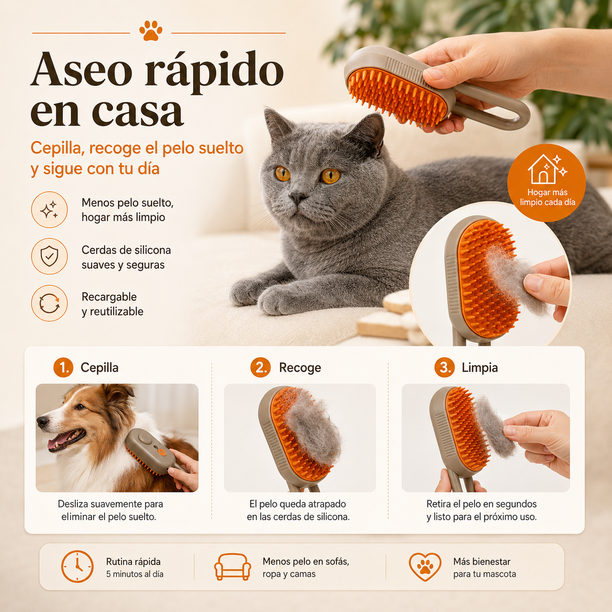 PeloFuera™ - Cepillo 3 en 1 con spray suave para perros y gatos
